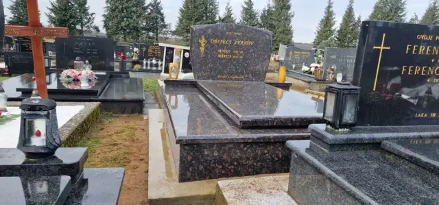 Smeđi prošarani granitni grob s izdignutom pokrovnom pločom među spomenicima