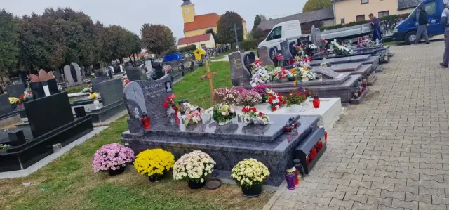 Sivi grob okružen raznobojnim krizantemama uz popločenu stazu na groblju